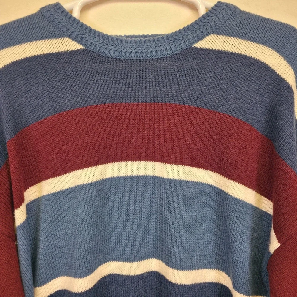 American Weekend Sweater Men 2XL Red Blue Striped Cable Knit Oversized Retro VTG
